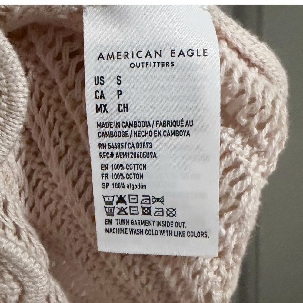 American Eagle Sweater Top Women Size S Cream Pointelle Knit Scalloped Hem Boho - Picture 4 of 7